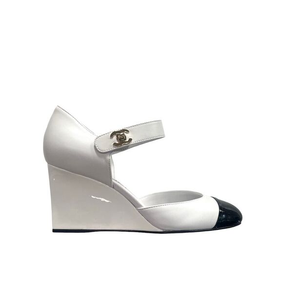 Chanel Lambskin Patent Cap Toe Mary Jane Wedge Pumps White Black 36 - Picture 1 of 10
